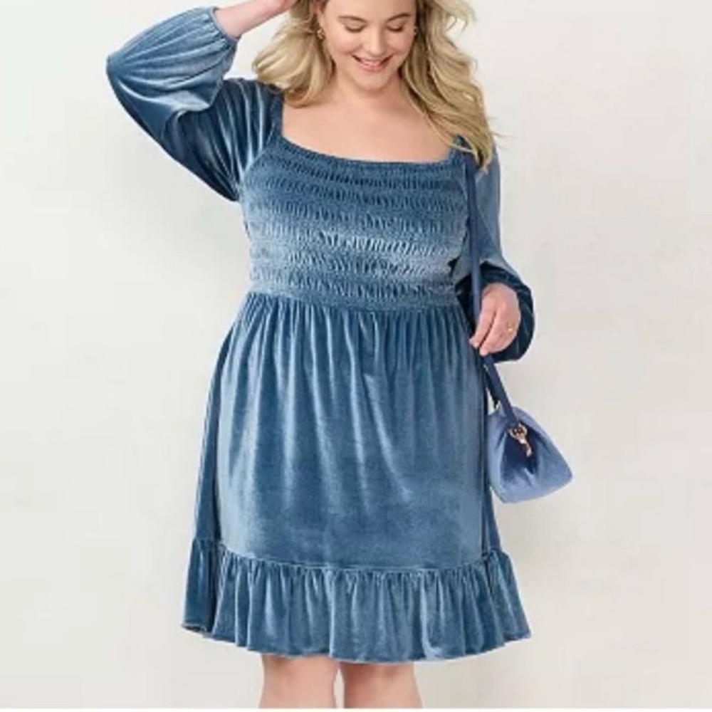 NWT LC Lauren Conrad Petites Velvet Flounce Dress in Rendezvous Blue